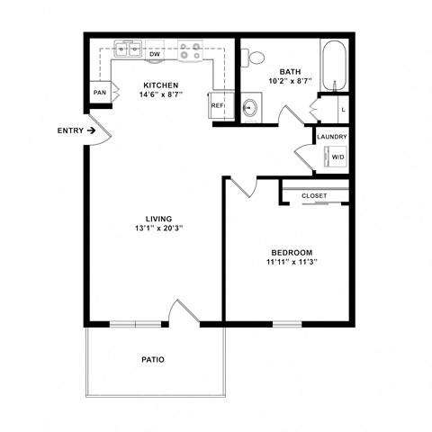 A floor plan of a living space with a kitchen, bathroom, bedroom, and laundry area.